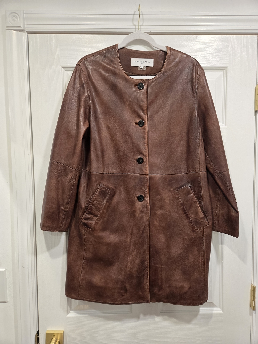 Gerard Darel Brown Leather Button-Up Coat